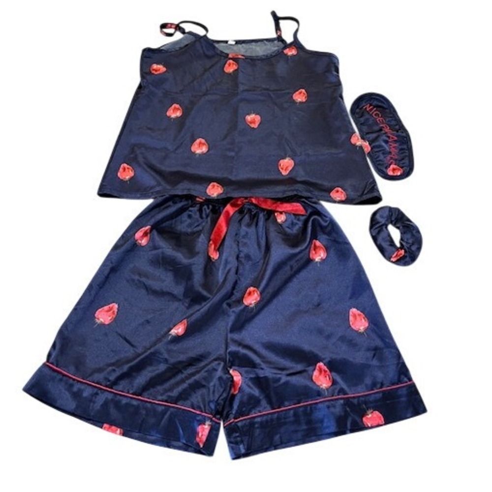 Kids Navy Blue Satin Strawberry Pajama Set 4 Piece Cami Shorts Eye Mask Scrunchi